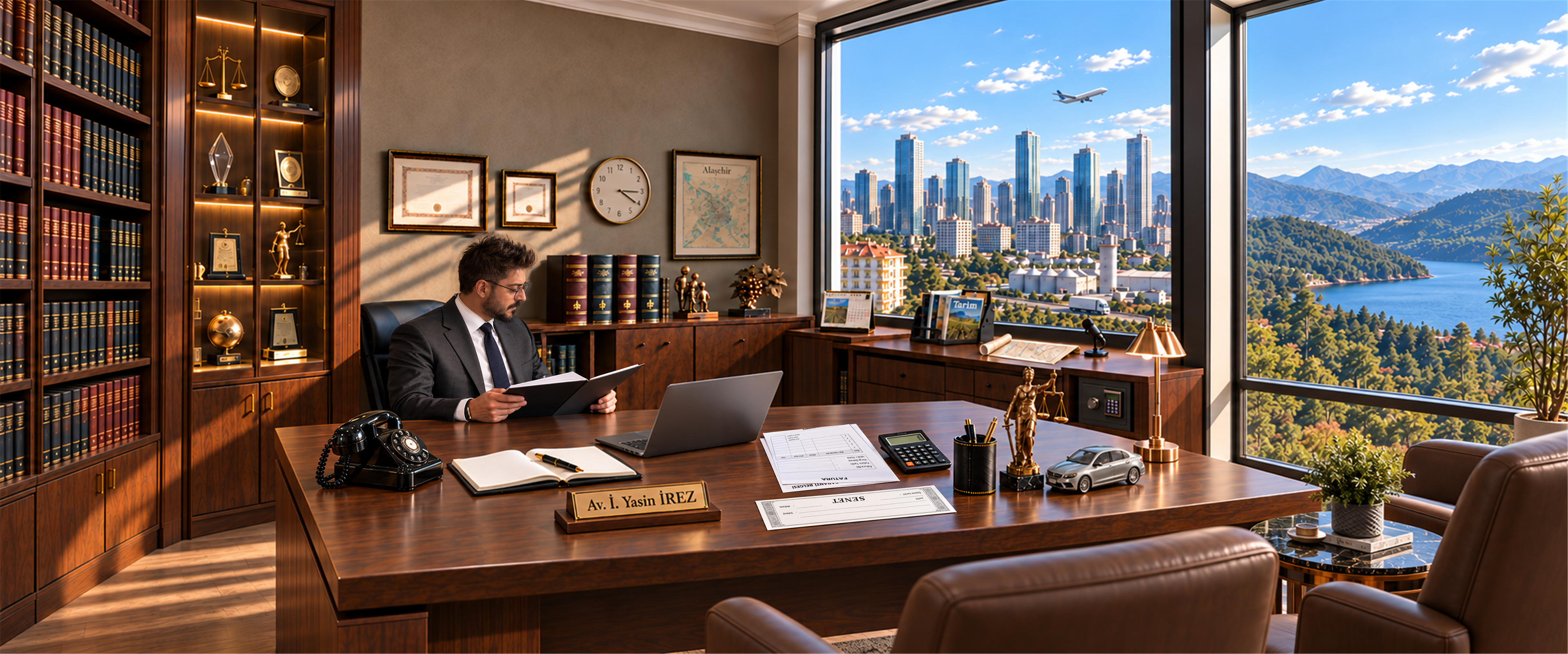 Av. İbrahim Yasin İREZ'in masa başında yer aldığı; hukuk kitaplığı, ödül vitrini, isimlik, telefon, dizüstü bilgisayar ve müvekkil koltukları bulunan panoramik büro.